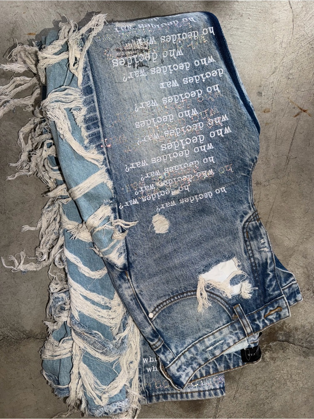 Women’s Distressed Blue Wide-Leg Jeans with White Fringe Detail